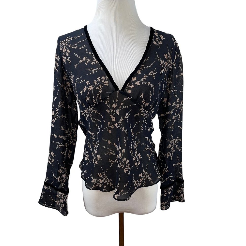 Banana Republic Silk Chiffon Black Print 3/4 Sleeve Top Lightweight Tunic